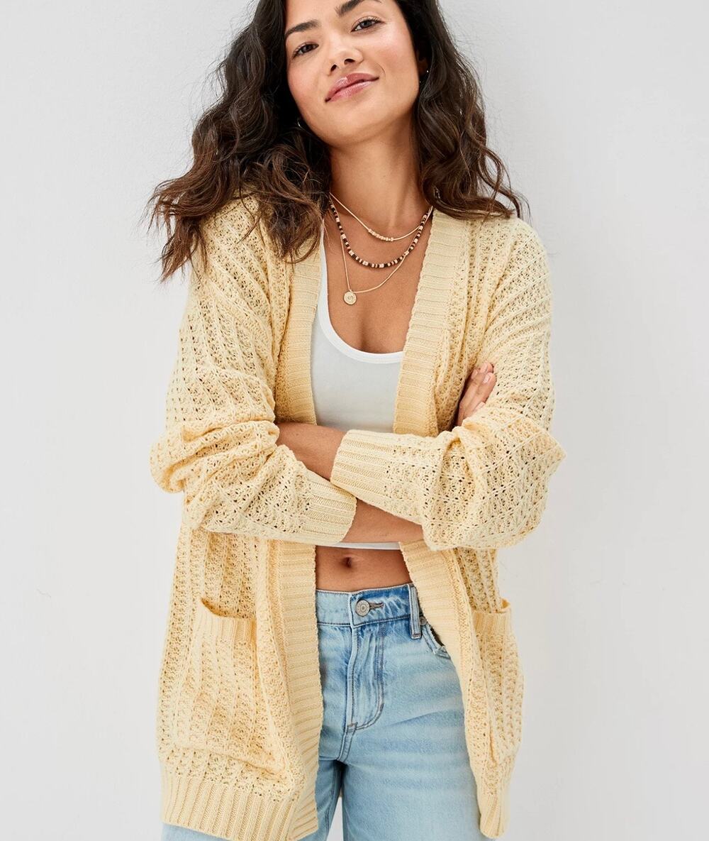 AMERICAN EAGLE Open Knit Crochet Cardigan Sweater Butter Yellow Small S